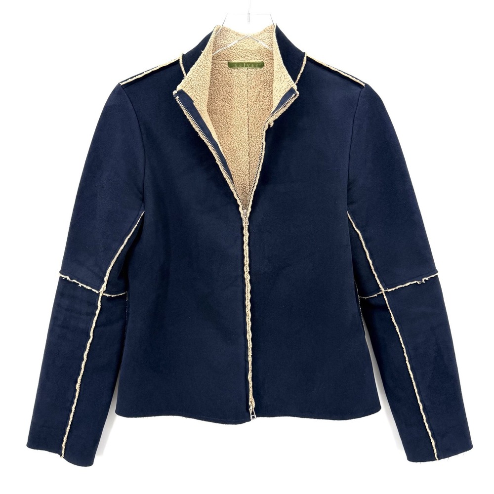 Y2K Velvet Faux Suede Jacket Size M Sherpa Lined Exposed Seams Zip Up Blue